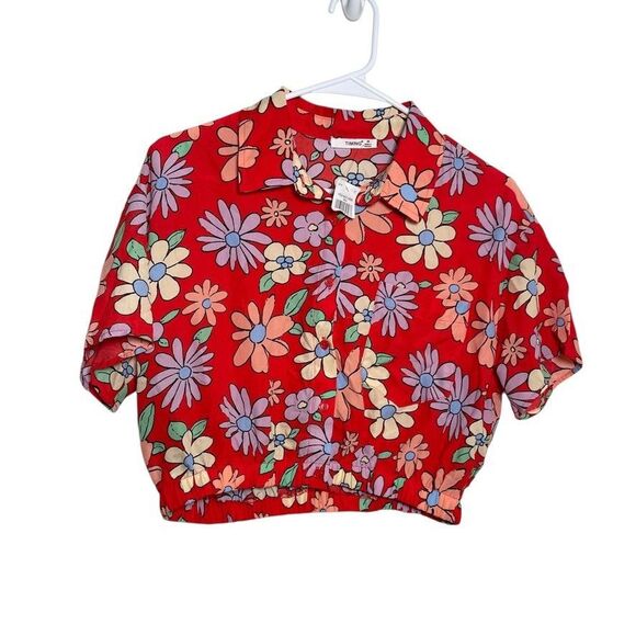 Timing Blouse Women's Medium Floral Button Up Cropped Groovy Shirt NWT - Picture 1 of 9